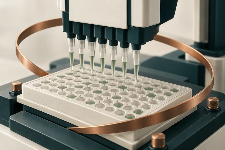 A pipetting head above an assay plate, with a looping path around the apparatus.