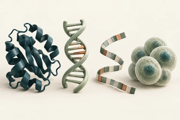 Grouping a folded protein, a regulatory DNA segment, a sequence strip and a population of cells.
