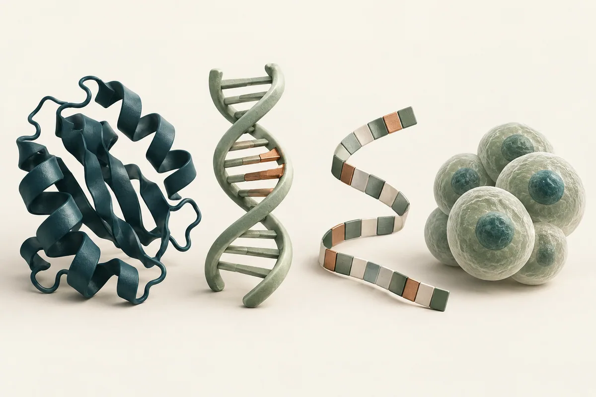 Grouping a folded protein, a regulatory DNA segment, a sequence strip and a population of cells.