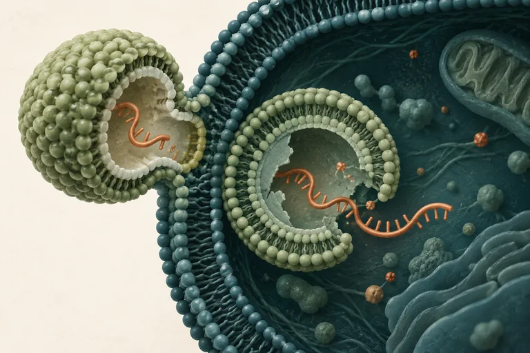 A lipid-like carrier containing an RNA strand beside a cell membrane and an opened internal vesicle.