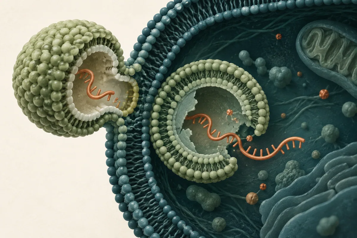A lipid-like carrier containing an RNA strand beside a cell membrane and an opened internal vesicle.