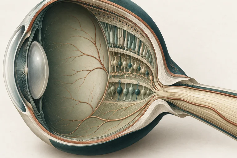 Illustrated eye cutaway with simplified retinal layers and an optic nerve leaving the back of the eye.