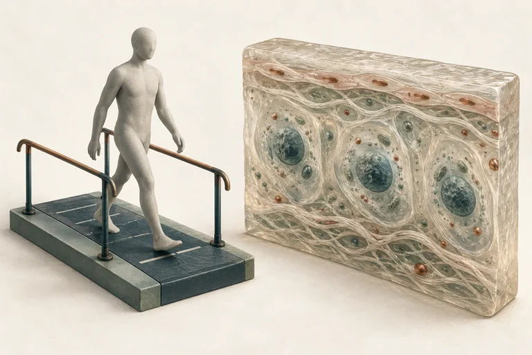 A figure walking on an assessment platform beside a tissue specimen with simplified cells.
