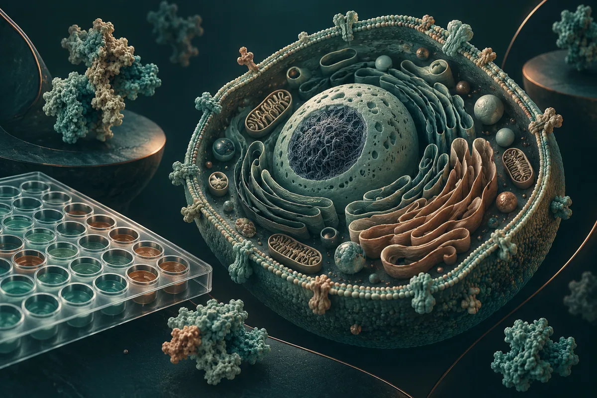 Conceptual cutaway cell beside folded protein forms and a laboratory assay plate.