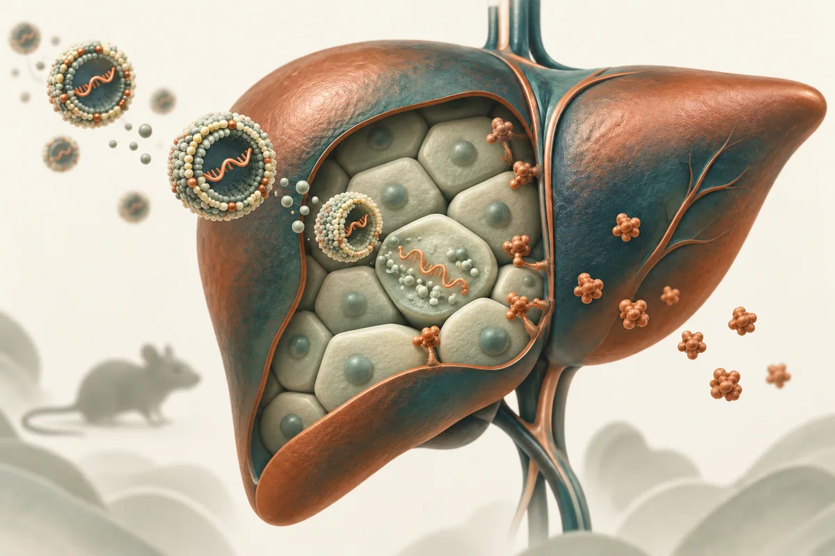 Conceptual liver cutaway with RNA carriers, cell-surface signals and soluble protein signals; a mouse silhouette indicates the experimental setting.