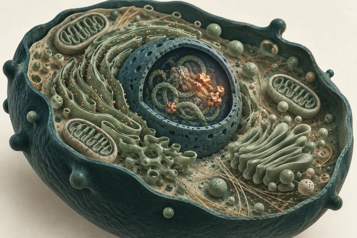 Cutaway cell with an intact outer membrane and organelles surrounding copper forms inside its nucleus.