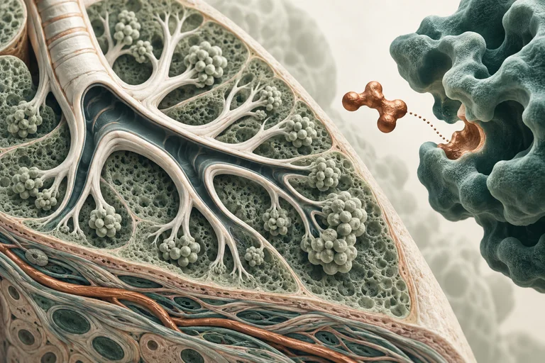 Lung cutaway beside an abstract molecular candidate approaching a protein-shaped target.