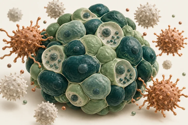 An islet-like cluster of cells surrounded by several immune cells.