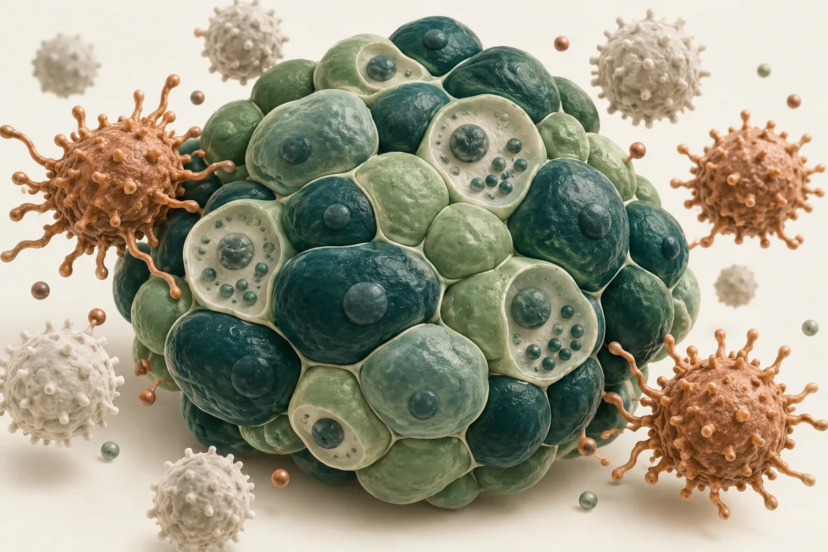 An islet-like cluster of cells surrounded by several immune cells.