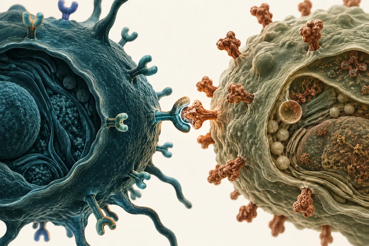 Conceptual engineered T cell recognising a surface marker on another cell.
