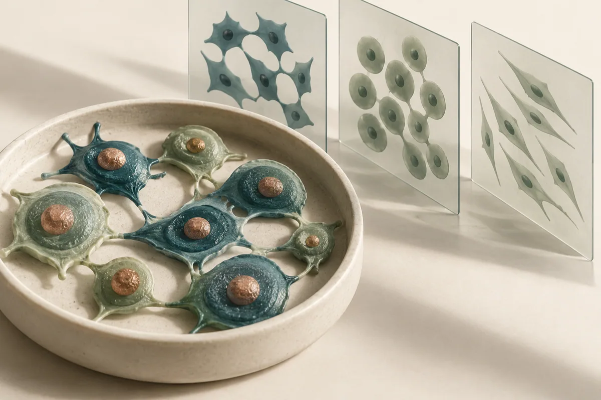 A cell population beside three different computational representations.