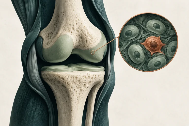 Illustrated knee cutaway with cartilage surfaces and an inset containing several simplified cells.