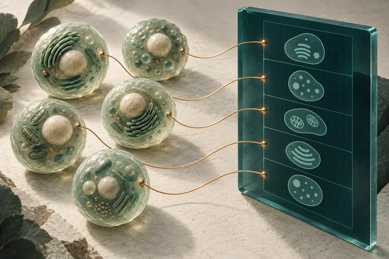 Five illustrated cells connected to a panel containing simplified computational representations.