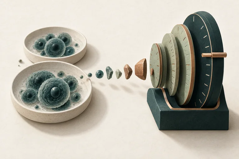 Cell samples arranged beside a sculptural calibration instrument with nested plates.