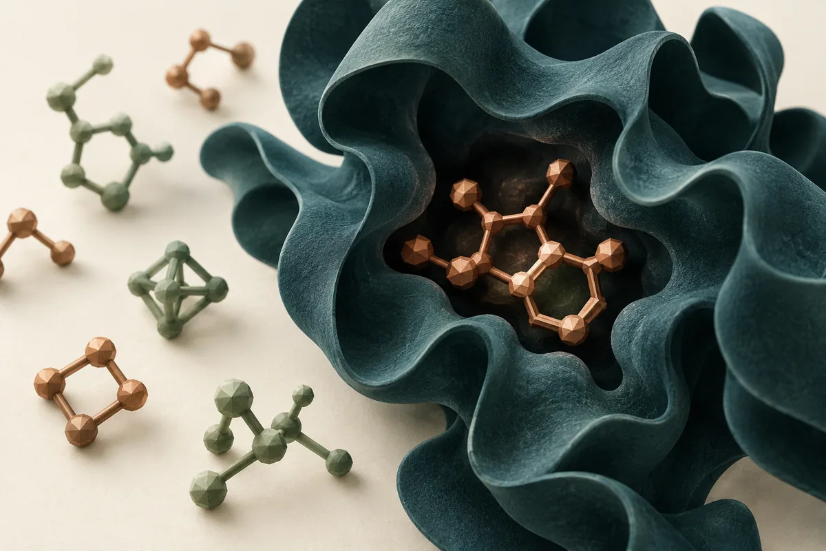 Protein pocket holding a copper molecular candidate, with other candidate shapes nearby.