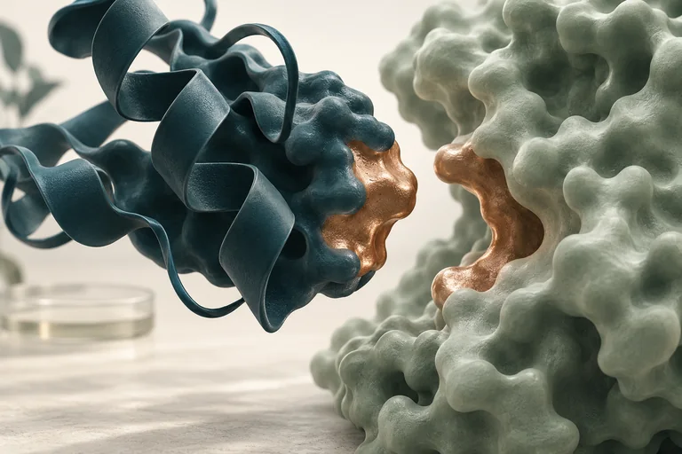 A folded protein binder approaching a receptor with a matching surface.