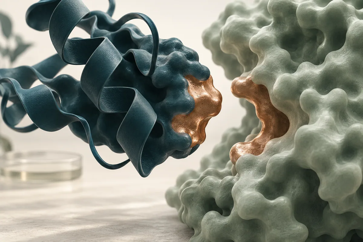 A folded protein binder approaching a receptor with a matching surface.
