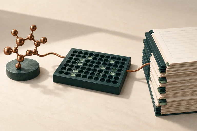 A molecular model, an assay plate and blank observation records connected across a tabletop.